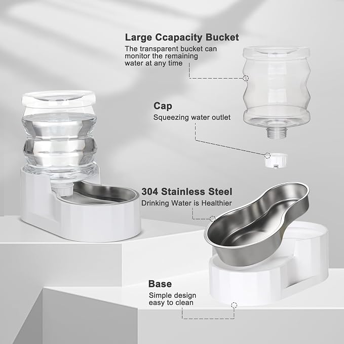 RIZZARI Gravity Water Bowl Dispenser for Cats: 4L White Automatic Stainless Steel Dog Feeder Without Filter - for 8-20LB Elderly Pets with Joint Spine Pain - for Kitchen Bedroom