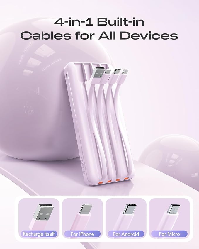 Orfeika 20000mAh Power Bank Fast Charging, Portable Charger with 4 Built-in Cables & 6 Outputs, 20W PD USB C Battery Pack Compatible with iPhone 16/15, Galaxy, Android, iPad & More (Travel Essential)