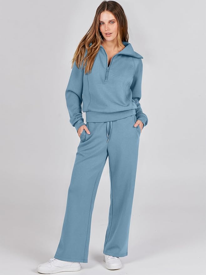 ANRABESS Women’s 2 Piece Outfits Half Zip Sweatshirt & Wide Leg Pants Airport Travel Lounge Matching Sets Sweatsuits Clothing