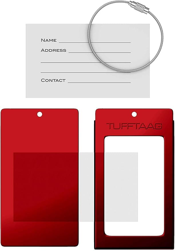 Luggage Tags Business Card Holder by TUFFTAAG - Durable Travel ID Bag Tag, Red Steel, 2 Tags