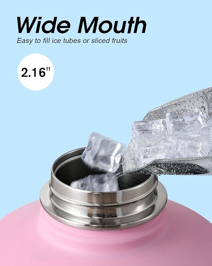 Coolflask 128 oz Gallon Water Bottle Insulated with Straw&3 Lids, Water Jug Large Stainless Steel Metal Vacuum Wide Mouth for Sports, Gym or Office, Non-BPA Keep Cold 48H Hot 24H, Bubblegum Princess