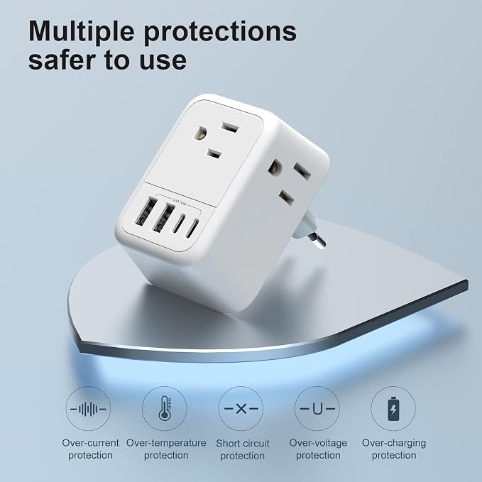 VYLEE Travel Adapter with 4 AC Outlets and 4 USB Ports - European Foldable International Power Adapter, Type C Plug Adapter Travel Essentials to Most Europe EU Spain Italy France Germany [1 Pack]