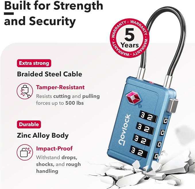 Luggage Locks TSA Approved with Inspection Indicator and Resettable 4-Digit, Easy-to-Read Combination, TSA Locks for Luggage, Suitcases, Backpacks & Travel Bags, Blue, 2-Pack
