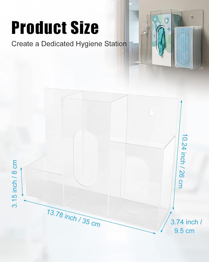 Triple Hygiene Dispenser Station, Clear Acrylic 3-Compartment PPE Organizer for Masks, Gloves & Hand Sanitizer, Wall Mount or Tabletop Hygiene Supply Holder for Office, Clinic, Restaurant, School