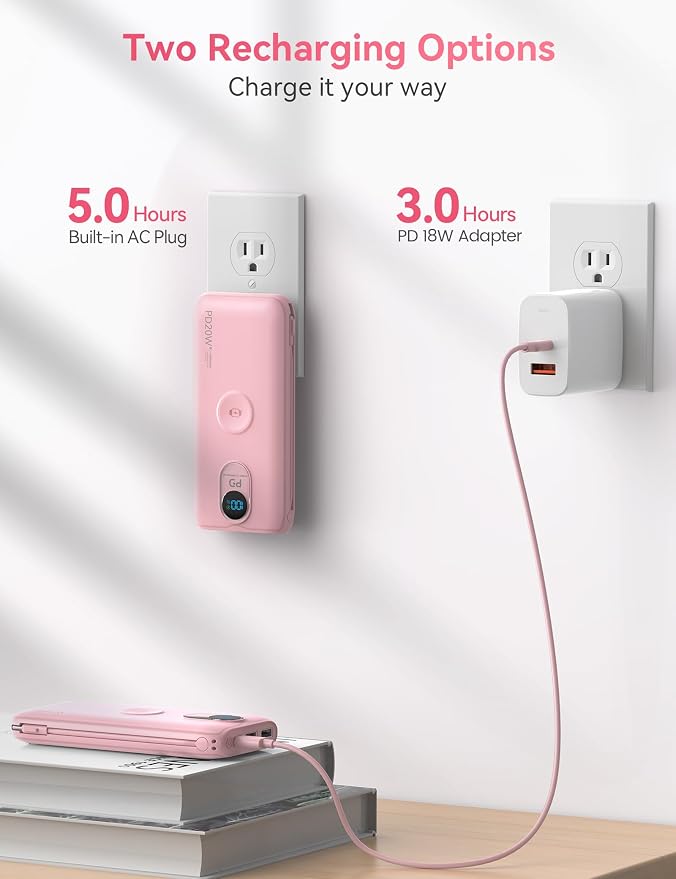 Portable Charger, 10000mAh 20W Fast Charging Power Bank with Built in Cables & AC Wall Plug & LED Display, Travel Essentials Battery Pack Powerbank for iPhone, iPad, iWatch, Samsung, Pink