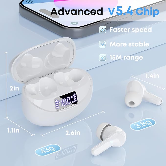 Wireless Earbuds Bluetooth 5.4 HiFi Stereo Headphones with Noise Cancelling Mic, 50H Playback in Ear Buds with LED Digital Display, IPX7 Waterproof Earphones for Office/Running/Workout (White)