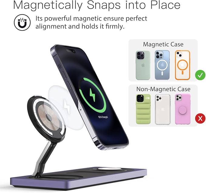PETINO Mag-Safe Charger Stand, 3-in-1 Magnetic Wireless Charging Station for Apple Devices, iPhone 15/14/13/12 Series, Apple Watch, AirPods Pro (Purple) | For iPhone 17/Air/16/15/14/13/12, AirPods & Apple Watch, Foldable Portable Aluminum Charging Stan...