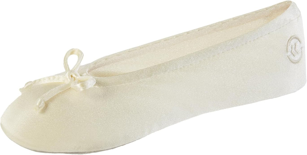 Isotoner Women's Satin Ballerina Slippers with Classic Ribbon Bow and Suede Sole