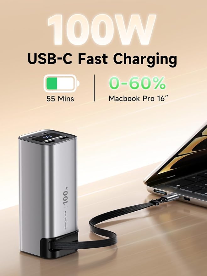 REWONDER 100W Power Bank Fast Charging 20000mAh with Built-in Retractable USB-C Cable, Portable Charger for MacBook Laptop, iPhone 17/16 Series, Samsung, TSA Approved for Air Travel