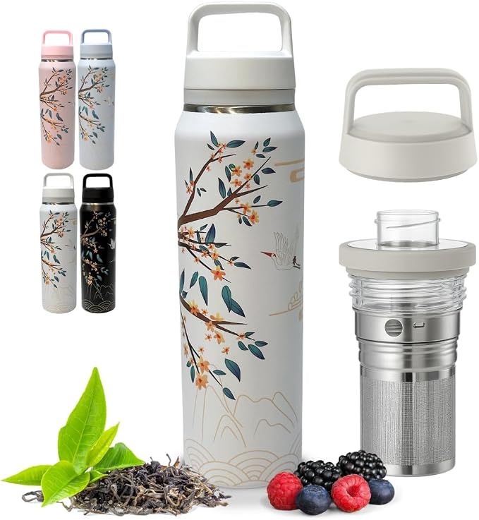 Farasi Tea Infuser Bottle for Loose Leaf Tea Insulated Stainless Steel Water Bottle Tumbler - Coffee, Fruit, Portable Infuser Bottle - Leakproof Built In Handle White Floral 24 oz