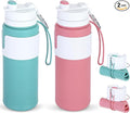LemonRoad 2 Pcs 26 oz Silicone Collapsible Water Bottle, Portable Foldable Water Bottle Leakproof with Carabiner Reuseable Lightweight for Travel Sports Hiking Camping Cycling Office (Green,Pink)