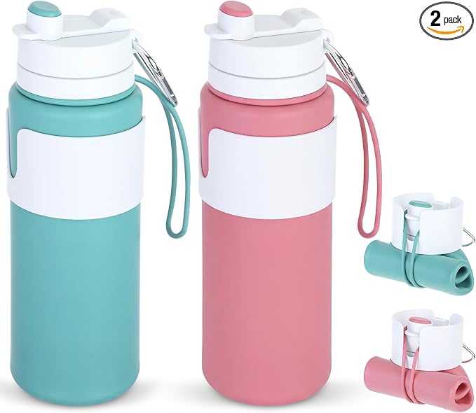LemonRoad 2 Pcs 26 oz Silicone Collapsible Water Bottle, Portable Foldable Water Bottle Leakproof with Carabiner Reuseable Lightweight for Travel Sports Hiking Camping Cycling Office (Green,Pink)