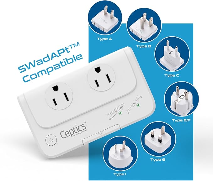 Ceptics Travel Voltage Converter -200W Convert 220V to 110V for Curling Iron, Straightener, Charger Step Down World Power Plug - 4 USB PD 18W Fast Charging - SWadApt - Type A, B, C, E/F, G, I Include