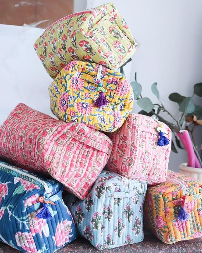 Block Print Designer Toiletry Bag & Makeup Case - Boho Floral Quilted Pouch for Cosmetics, Skincare - Waterproof Lined Organizer for Diaper Bag, Purse, Travel, Gift, Pencils (medium size 8pcs)