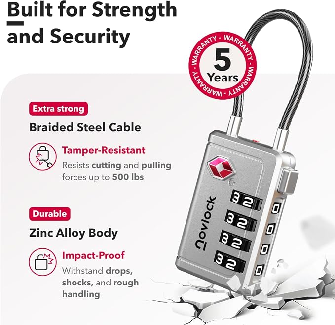 Luggage Locks TSA Approved with Inspection Indicator and Resettable 4-Digit, Easy-to-Read Combination, TSA Locks for Luggage, Suitcases, Backpacks & Travel Bags, Silver, 2-Pack