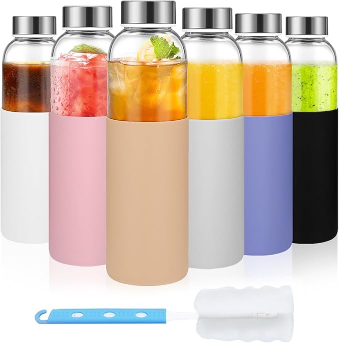 Luxfuel 18 oz Glass Juice Bottles with Lids and Silicone Sleeve, 6 Pack Reusable Clear Glass Water Bottles with Stainless Steel Cap for Juicing, Refrigerator,100% Leak Proof, BPA Free Drinking Bottle