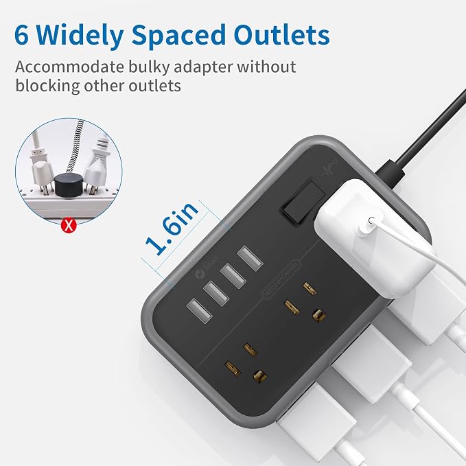 NTONPOWER 6 Widely Spaced Outlet(2 Side) Power Strip with 4 USB Ports, Extension Cord 15 Ft