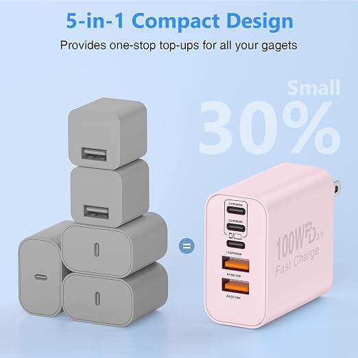 QZIIW USB C Wall Fast Charger Block, 100W 5-Port Type C Fast Charging Block 3 Pack-PD Power Charger Adapter QC 3.0 USB Multiport Charger Brick for iPhone 17 16, Samsung Series MacBook/Air, iPad, etc.
