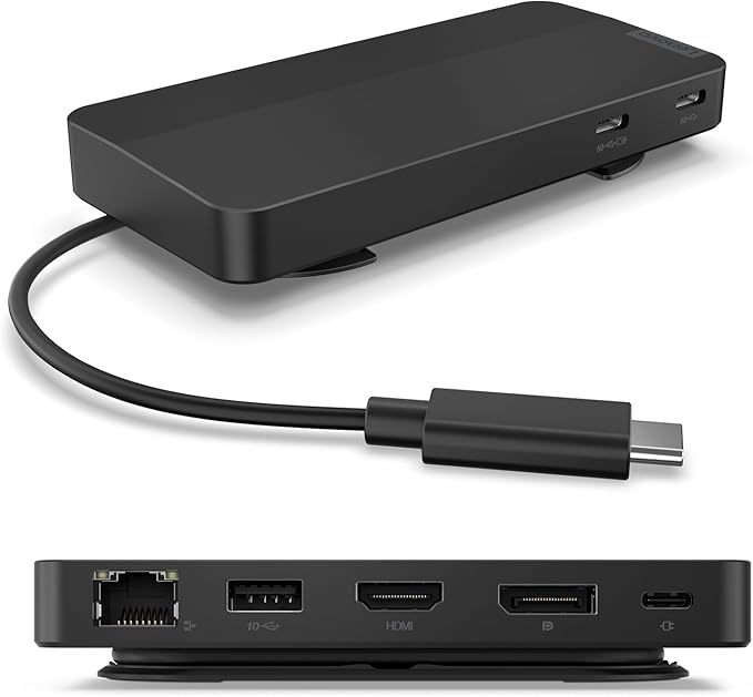 Lenovo USB-C Dual Display Travel Dock - 7 Ports, Integrated Cable, Universal Compatibility, Two displays at 4K - Black