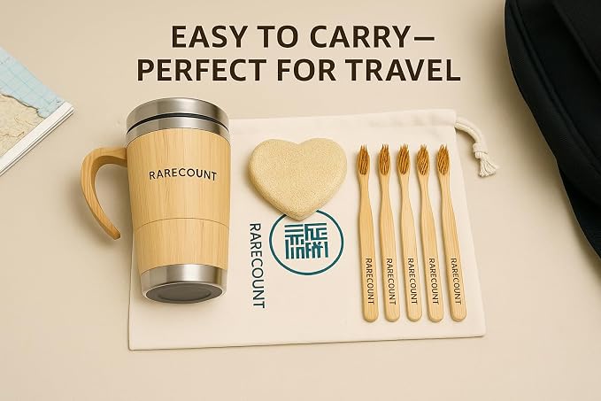 Eco Friendly Bamboo Coffee Tumbler Gift Set - Reusable Travel Mug with Lid, Insulated Stainless Steel Cup, Loofah Sponge & 5 Bamboo Toothbrushes, Sustainable Zero Waste Kit