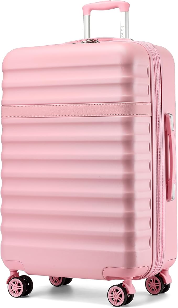 Kono Expandable 28 Inch Large Checked Luggage: ABS+PC Hardside Trolley Travel Case - Hard Shell Suitcase with TSA Lock, Cream/Pink