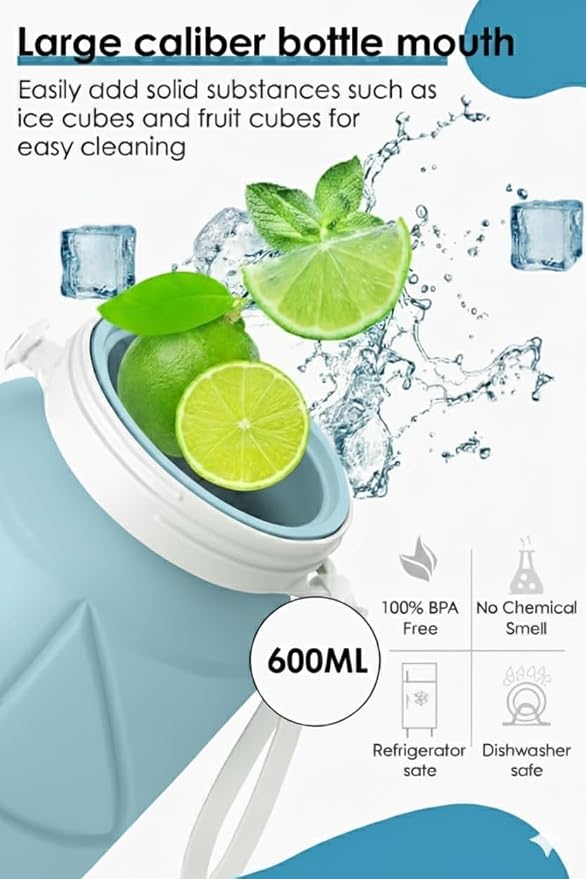 Folding Silicone Water Bottle | Collapsible Travel Water Bottle for Gym, Office, School, Cycling, Hiking & Outdoor Sports | Leak-Proof, Portable Bottle | 600 Ml (Blue)
