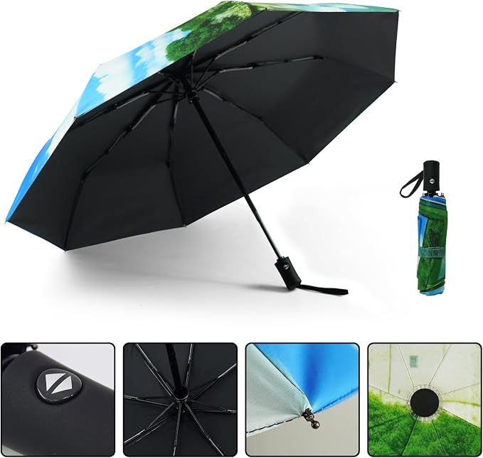 SY COMPACT Travel Umbrella - Windproof Automatic Compact Umbrella for Rain, Lightest 8-Rib, Small, Strong & Portable, Durable Grip, Fits Backpack & Car, Factory Direct (UV Available)