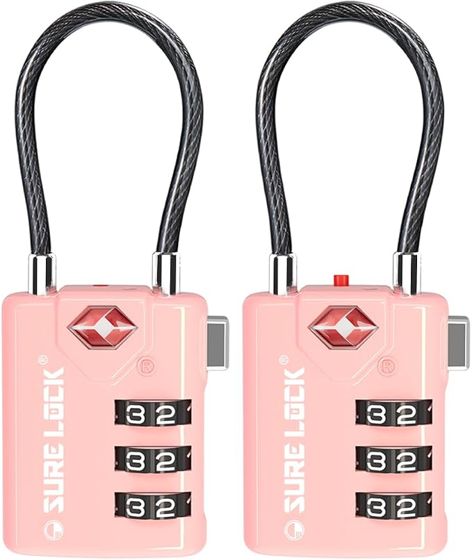 SURE LOCK TSA Approved Luggage Locks with Open Alert Indicator, 3 Digit Combination Cable Travel Lock for Suitcase, Backpack, Gym Locker, Toolbox & Travel Bag(2, Pink 2 Pack)
