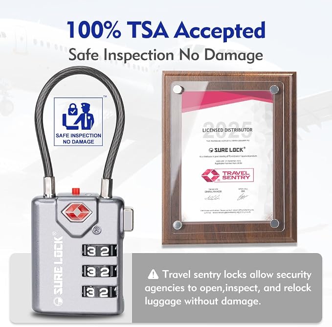 SURE LOCK TSA Approved Luggage Locks with Open Alert Indicator, 3 Digit Combination Cable Travel Lock for Suitcase, Backpack, Gym Locker, Toolbox & Travel Bag(Grey 4 Pack)