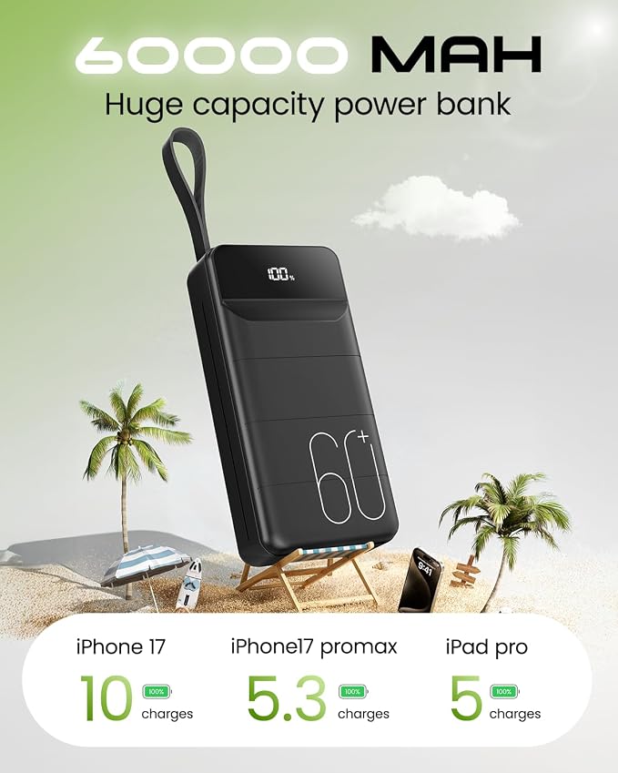 Nuxgal Power 60000mAh high-Capacity Fast-Charging Power Bank, Multiple Output Ports, Digital Battery Level Display, Multi-Functional Outdoor Camping Power Bank, Compatible with Multiple Devices