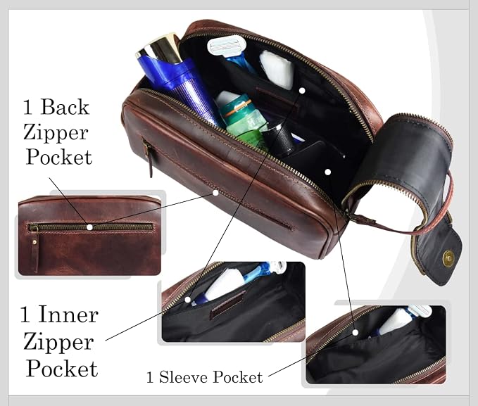 10" Premium Leather Toiletry Travel Pouch With Waterproof Lining | King-Size Handcrafted Vintage Dopp - Kit By Aaron Leather Goods (Dark Brown)