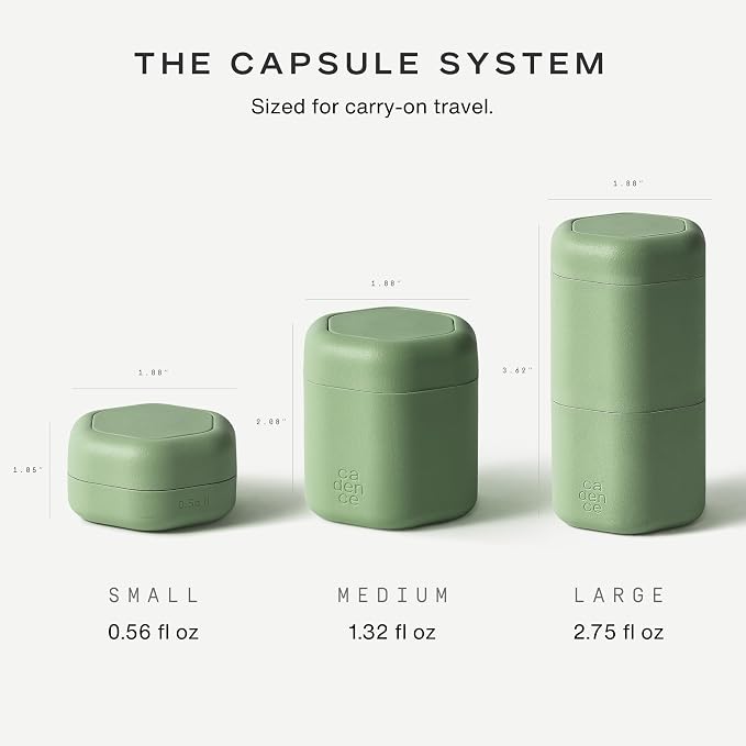 Cadence Travel Containers - 6 Piece Haircare Set - Magnetic Travel Capsules - 2 Small & 4 Medium Capsules - Shampoo, Conditioner, Leave-In Conditioner, Comb, Hair Serum, Hair Gel Labels - Eucalyptus