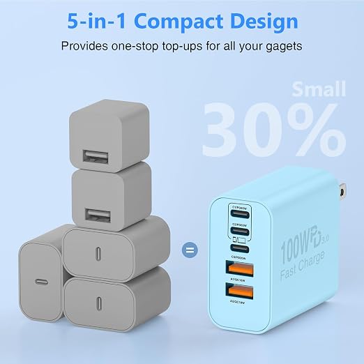 QZIIW USB C Wall Fast Charger Block, 100W 5-Port Type C Fast Charging Block 3 Pack-PD Power Charger Adapter QC 3.0 USB Multiport Charger Brick for iPhone 17 16, Samsung Series MacBook/Air, iPad, etc.
