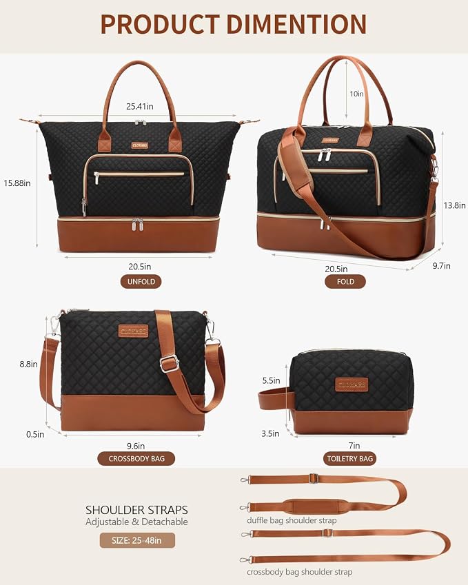 Large Weekender Bags for Women Travel, Under Seat Carry On Bags for Airplanes Overnight Bag with Shoe Compartment Luggage Sleeve, Foldie Travel Tote Bag Hospital Bag, Travel Gifts, Black Brown