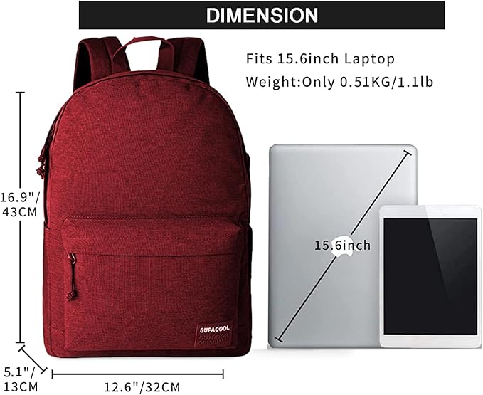 SUPACOOL Casual Laptop Backpack for Men and Women, Pencil Pouch, School Backpack with USB Charging Port, Bookbag for Boys and Girls(Garnet set)