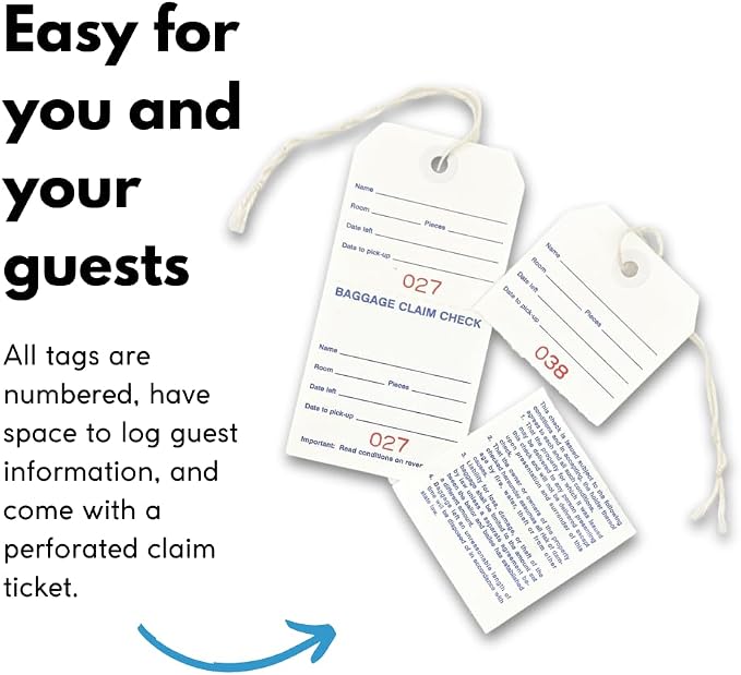 Hotel Luggage Claim Tags with Tear-Off Claim Ticket, Numbered Disposable Baggage Tags for Hotels, Valet, Concierge, Bell Desk & Guest Bag Storage – 1,000 Pack