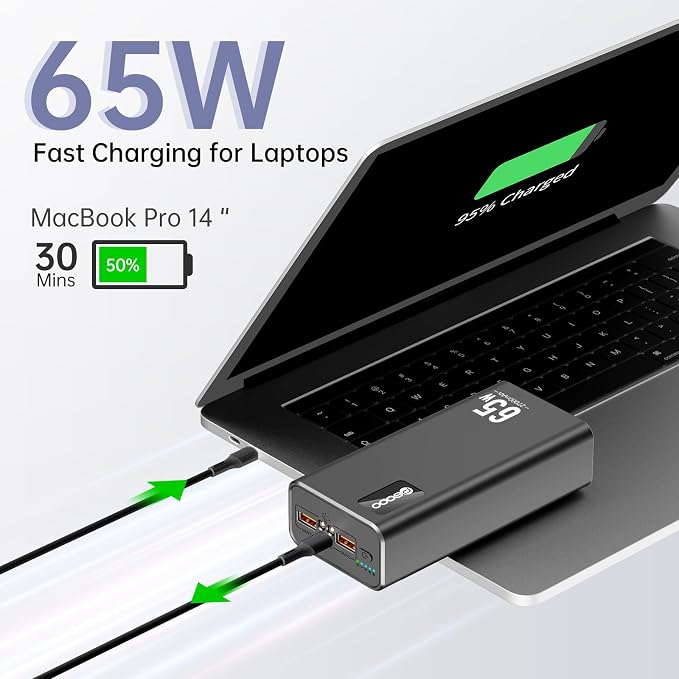 PSOOO Portable Charger 27000mAh 65W PD Fast Charging Power Bank, 3-Port External Battery Pack with LED Flashlight, Compatible with iPhone, Samsung, MacBook, Tablet, Travel & Outdoor Use (Black)
