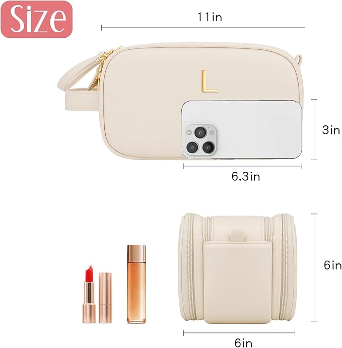 Gifts for Women Teen Girls Large Capacity Initial Travel Makeup Bag, 3-Compartment Cosmetic Organizer with Clear Brush Holders, Large Opening Waterproof Toiletry Bag, Beige,L