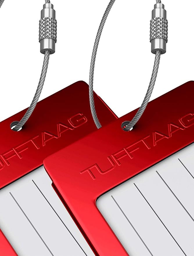 Luggage Tags Business Card Holder by TUFFTAAG - Durable Travel ID Bag Tag, Red Steel, 2 Tags