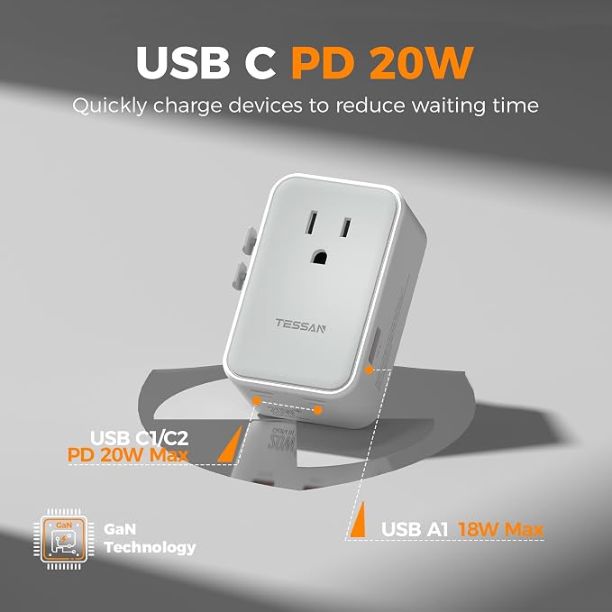 TESSAN Universal Travel Adapter 20W, Ultra Slim International Power Adapter with 2 USB-C 1 USB-A, Travel Plug Adaptor Worldwide for US to European UK Spain Italy England New Zealand (Type C G A I)