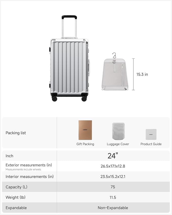 Checked Luggage with Spinner Wheels, 8010S Aluminum Frame Zipperless Polycarbonate Hard Shell Suitcase (ZX-Core, Silver, 24 Inch)
