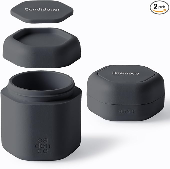 Cadence Travel Containers - 2 Piece Haircare Set - Magnetic Travel Capsules - For Shampoo, Conditioner, Hair Styling Product - 1 Small & 1 Medium Capsule - Shampoo & Conditioner Labels - Charcoal