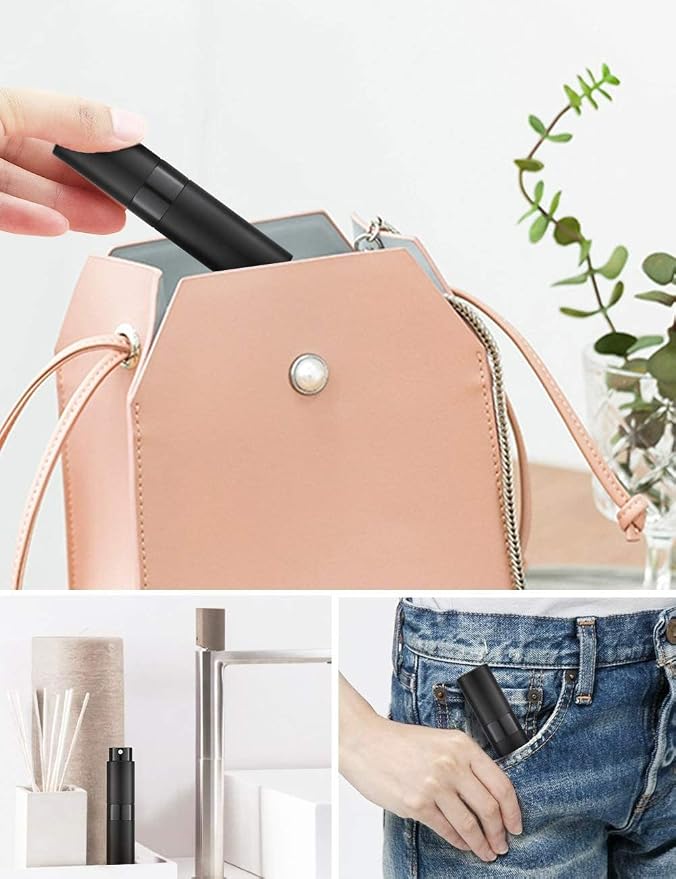 Street27® 8ml Empty Perfume Bottle Refillable Perfume Atomizer Spray Bottle, Portable Mini Pocket Travel Perfume refill bottle Dispenser Glass & Aluminum with 3 Types of Refill Pump - Matte Black