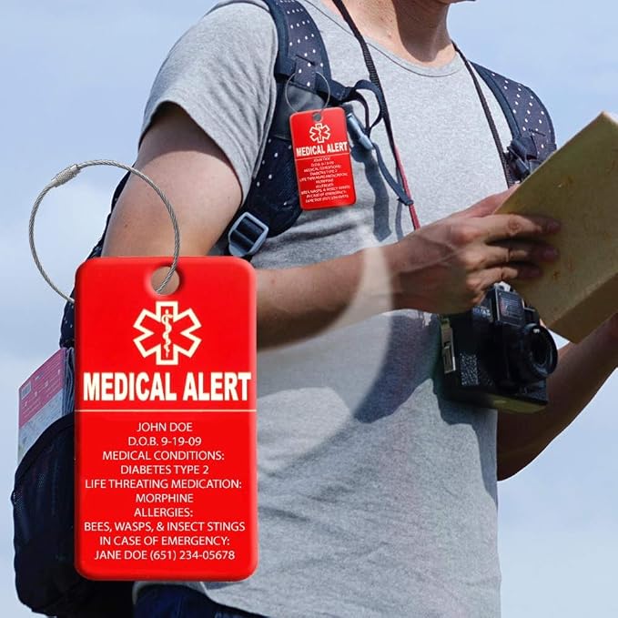 Universal Medical Data Medical Luggage Tags – Custom Engraved Waterproof & Durable – Acrylic Personalized ID for CPAP Bag, Suitcases, Backpacks & Strollers – Medic Bag Tag for Air Travel – Pack of 8
