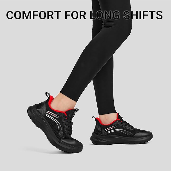 Treesky Black Non Slip Work Shoes for Women, Restaurant & Kitchen Sneakers | Slip resistant soles, lightweight cushioning, breathable knit, removable insole, for nursing, food service & long shifts