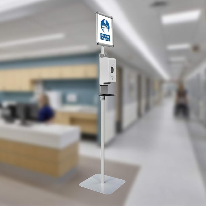 Plotter Paper Direct Hand Sanitizer Stand w/Automatic Dispenser, Sign Holder & Adjustable Pole - Touchless Station for Hand Sanitizer - Standing Hand Sanitizer Dispenser for Office or Business Use