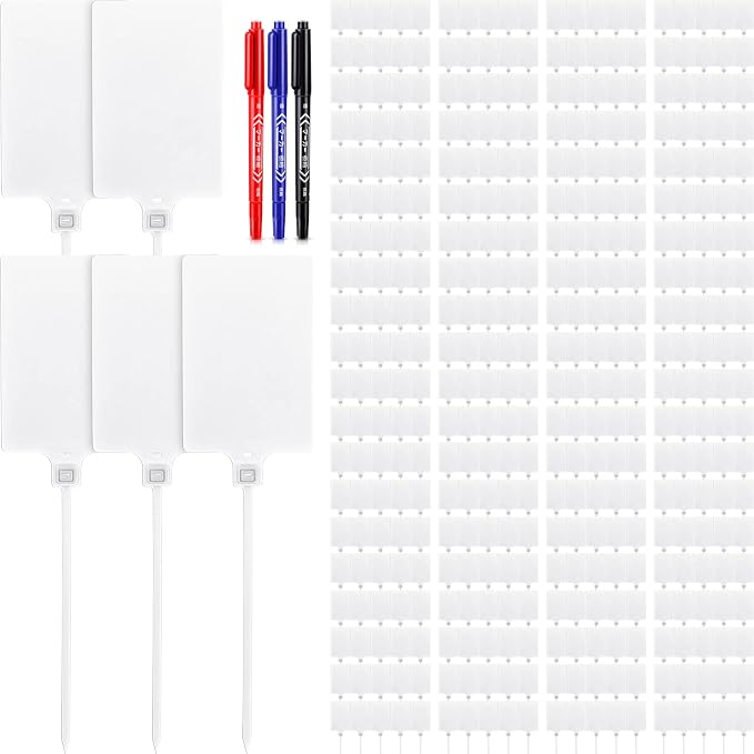 Yexiya 300 Pcs Plastic Tags Seals Shipping Label 255 mm Total Length Waterproof Plastic Hanging Tags and 3 Color Marker Pen for Logistics Ship Luggage Labeling Fastener(White)