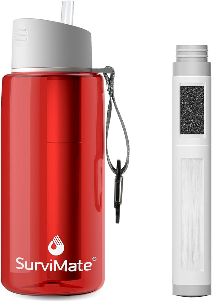 SurviMate 5-Stage 0.01μm Ultra-Filtration Filtered Water Bottle, BPA-Free Material, NSF/ANSI 42 Certified, Portable Water Filter Bottle for Survival, Camping, Hiking, and Emergency Use