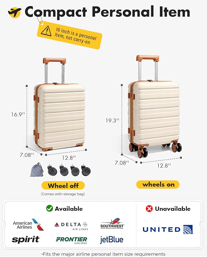 Lekesky 16 Inch Underseat Carry On Luggage Airline Approved, Small Hard Shell Suitcase with TSA Lock Spinner Wheels, Lightweight Personal Item Carry-On for Travel, Beige-Brown