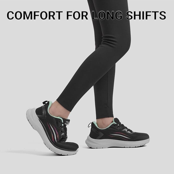 Treesky Black Non Slip Work Shoes for Women, Restaurant & Kitchen Sneakers | Slip resistant soles, lightweight cushioning, breathable knit, removable insole, for nursing, food service & long shifts